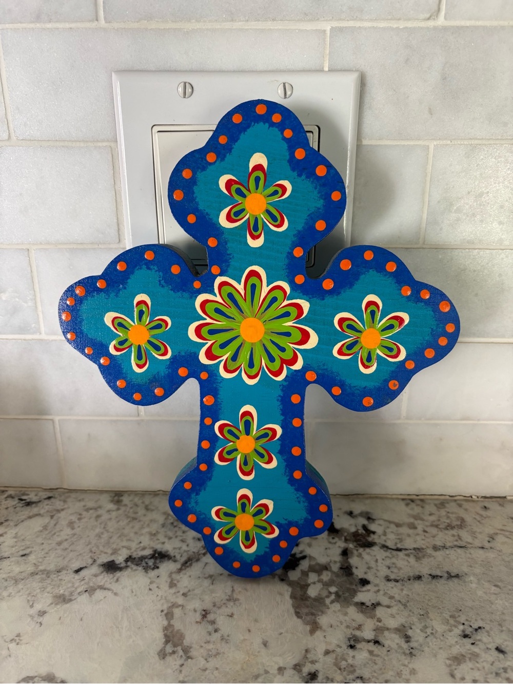 Hand-Painted Blue Floral Decorative Wall Cross